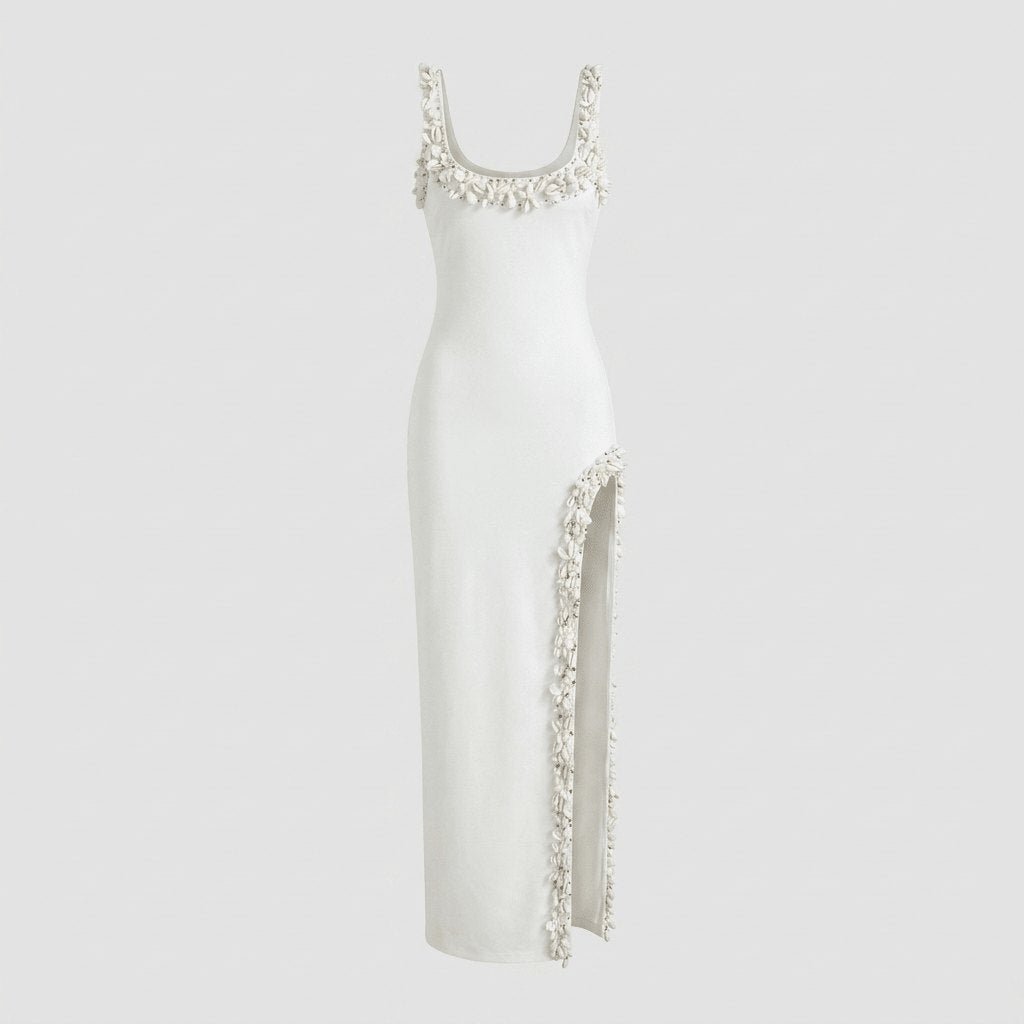 Bella Maxi Dress | Hand-Beaded Shell Trim, High Slit, Ankle-Length