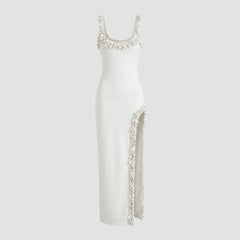 Bella Maxi Dress | Hand-Beaded Shell Trim, High Slit, Ankle-Length