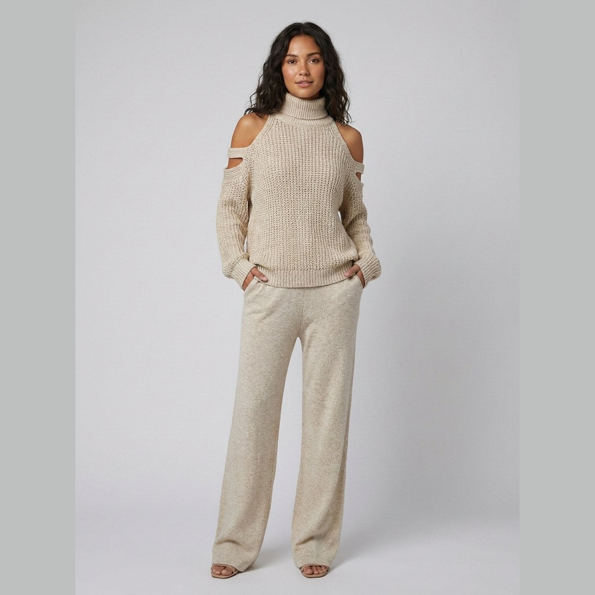 Bella | Women's Knit Set Cold-Shoulder Turtleneck, Wide-Leg Pants, Knitted Loungewear