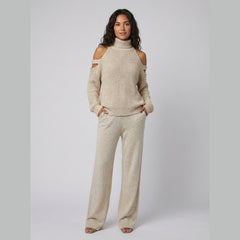 Bella | Women's Knit Set Cold-Shoulder Turtleneck, Wide-Leg Pants, Knitted Loungewear