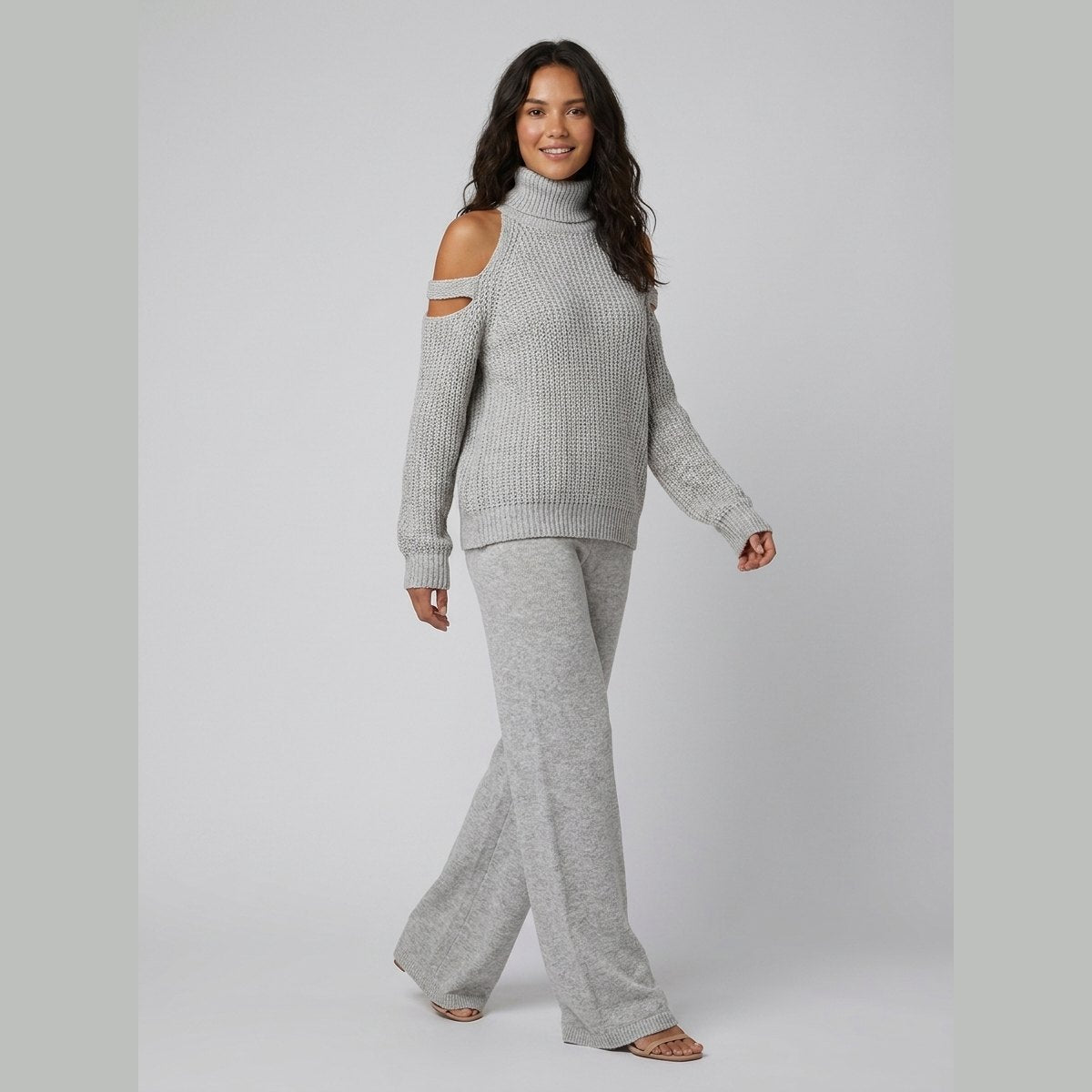 Bella | Women's Knit Set Cold-Shoulder Turtleneck, Wide-Leg Pants, Knitted Loungewear