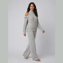 Bella | Women's Knit Set Cold-Shoulder Turtleneck, Wide-Leg Pants, Knitted Loungewear