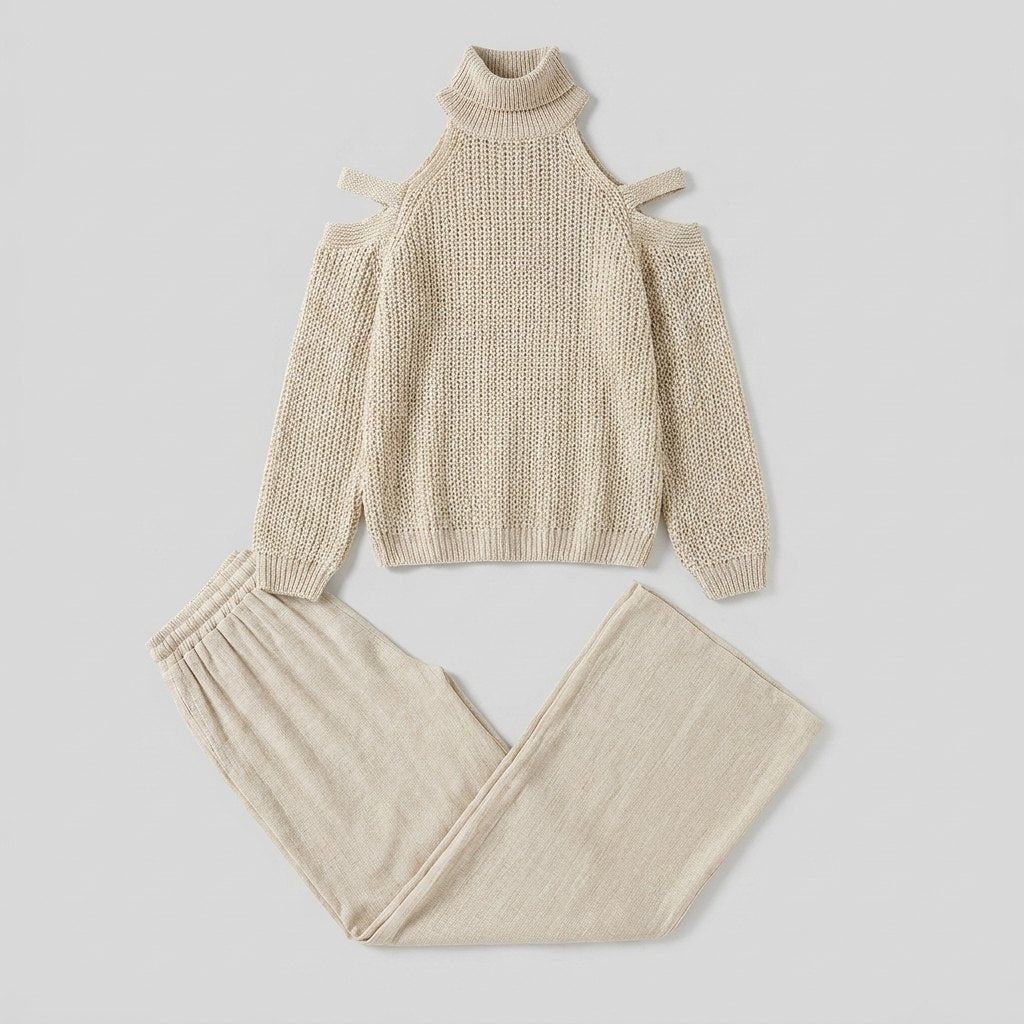 Bella | Women's Knit Set Cold-Shoulder Turtleneck, Wide-Leg Pants, Knitted Loungewear