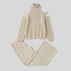Bella | Women's Knit Set Cold-Shoulder Turtleneck, Wide-Leg Pants, Knitted Loungewear