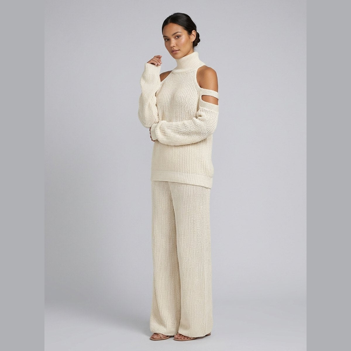 Bella | Women's Knit Set Cold-Shoulder Turtleneck, Wide-Leg Pants, Knitted Loungewear