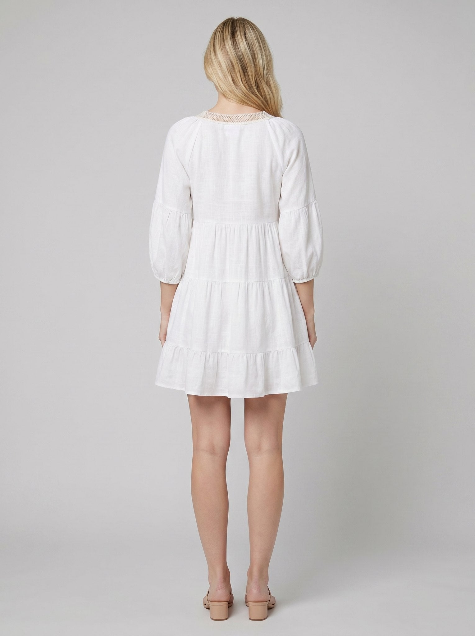 Bella | Mini Dress Cotton-Linen Blend, Lace V-Neck Sundress for Women