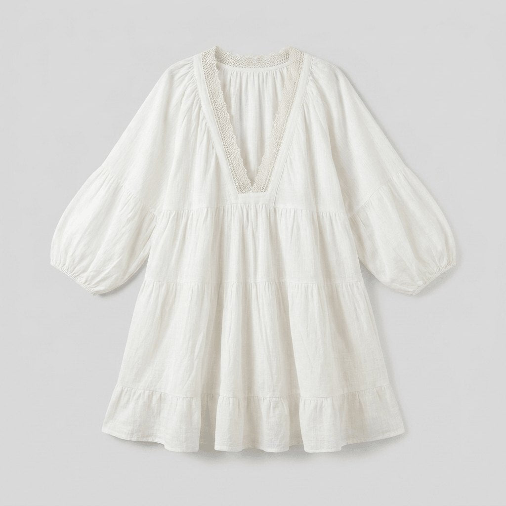 Bella | Mini Dress Cotton-Linen Blend, Lace V-Neck Sundress for Women