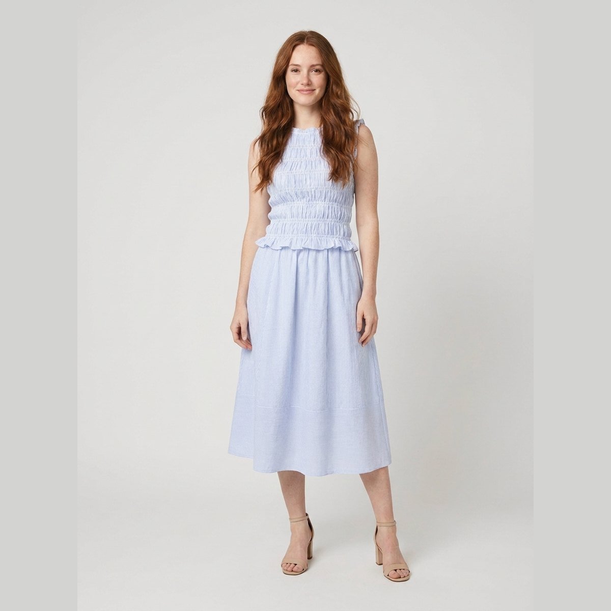 Bella | Stripe Set Soft Fabric, Smocked Top & Midi Skirt