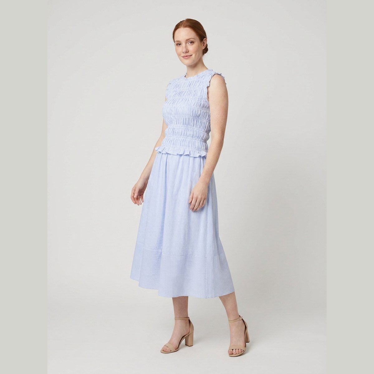 Bella | Stripe Set Soft Fabric, Smocked Top & Midi Skirt