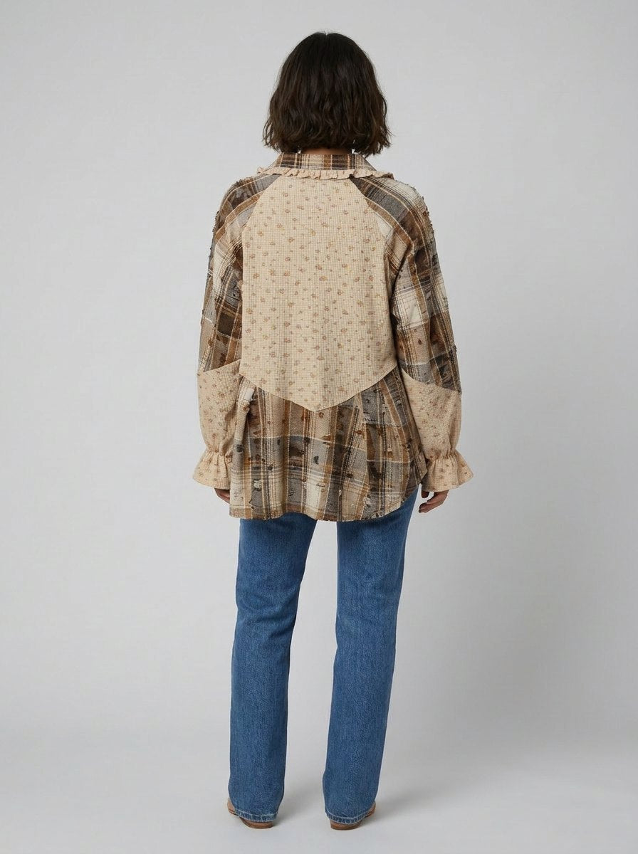 Boho | Floral Plaid Patchwork Ruffle Sleeve Waffle