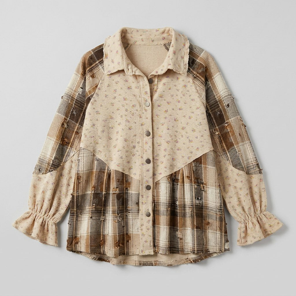 Boho | Floral Plaid Patchwork Ruffle Sleeve Waffle