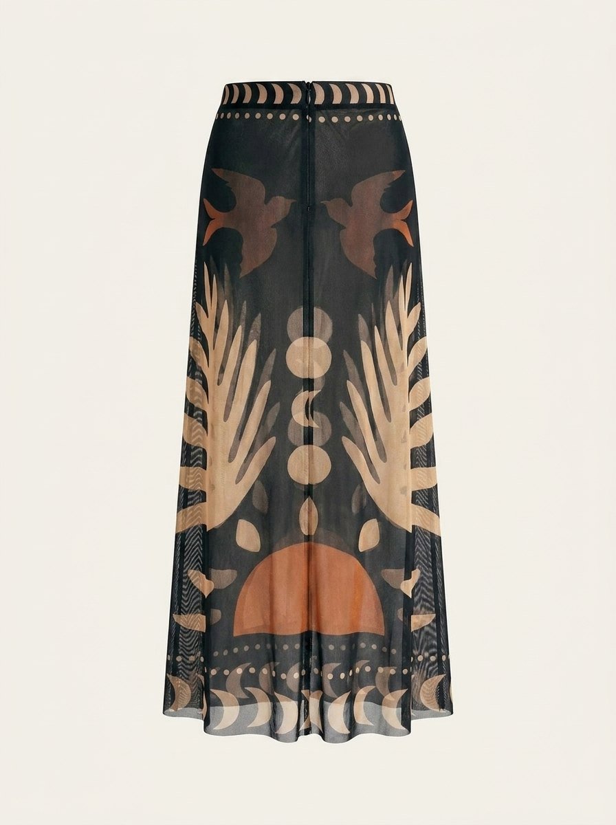 Breezy | Bird Print Maxi Skirt Mesh Fabric, Regular Fit, Long Skirt for Women