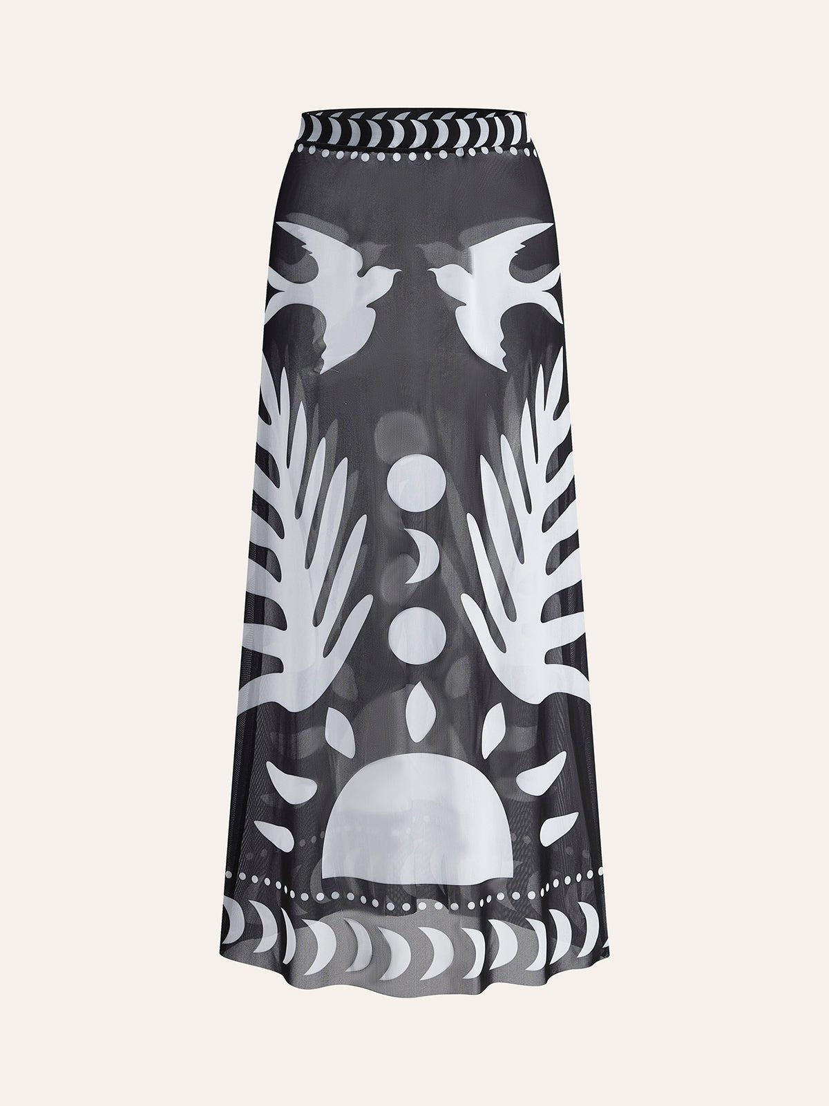 Breezy | Bird Print Maxi Skirt Mesh Fabric, Regular Fit, Long Skirt for Women