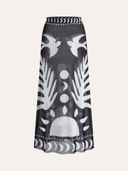 Breezy | Bird Print Maxi Skirt Mesh Fabric, Regular Fit, Long Skirt for Women