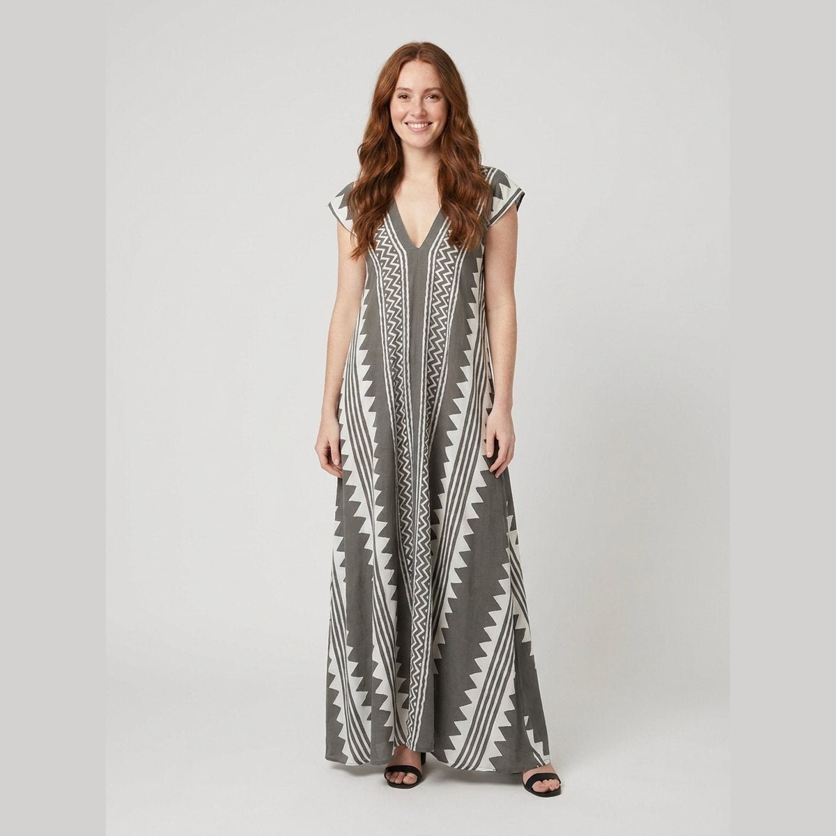 Breezy | Maxi Dress Ethnic Print, Ankle-Length, Short Sleeve