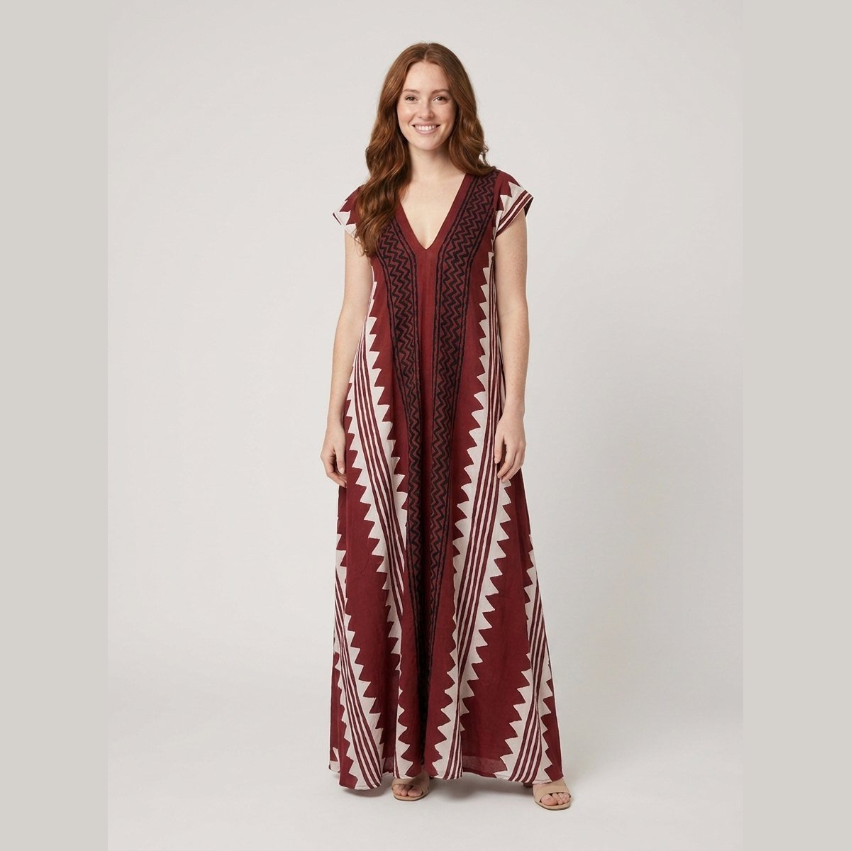 Breezy | Maxi Dress Ethnic Print, Ankle-Length, Short Sleeve