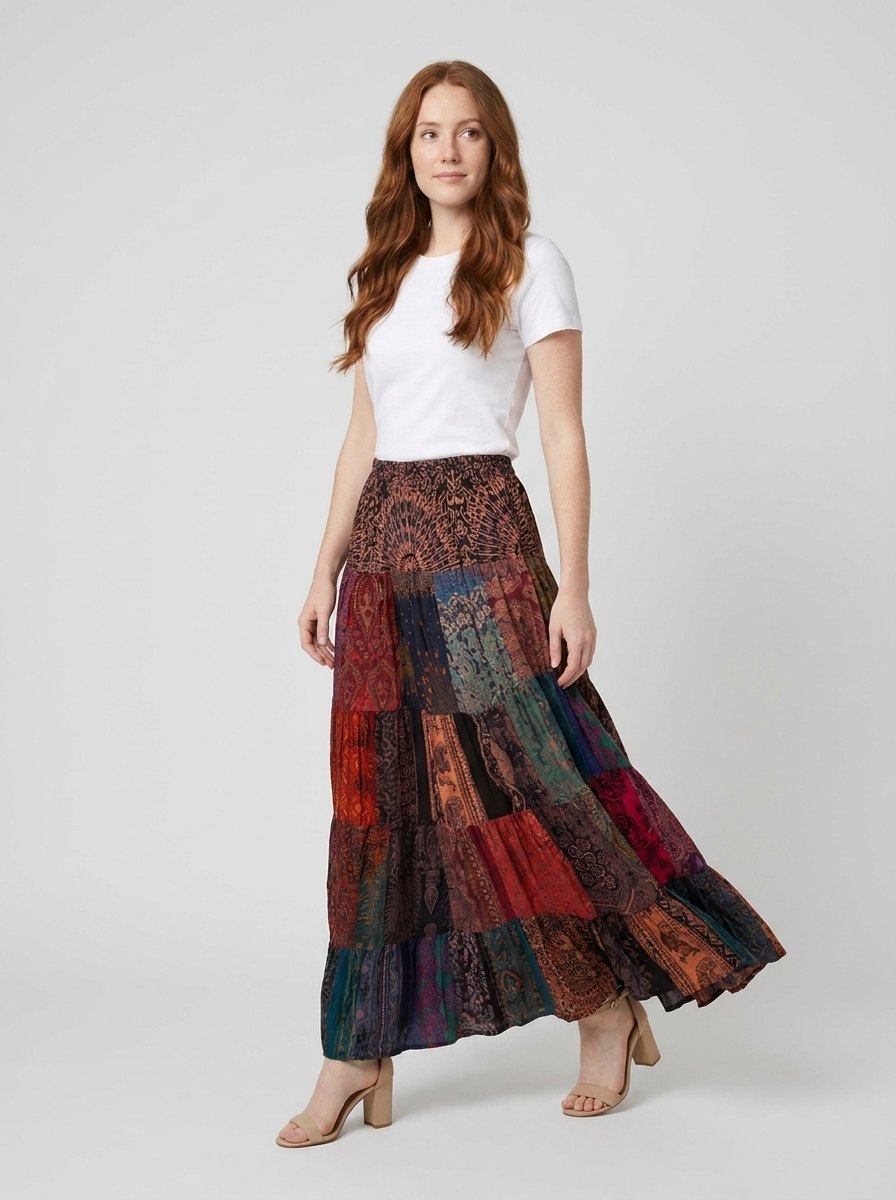 Brielle Maxi Skirt | Lightweight Rayon, Boho Patchwork Design