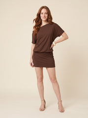 Bristol Mini Dress | Brown Stretch Jersey, Off Shoulder Party Dress for Women