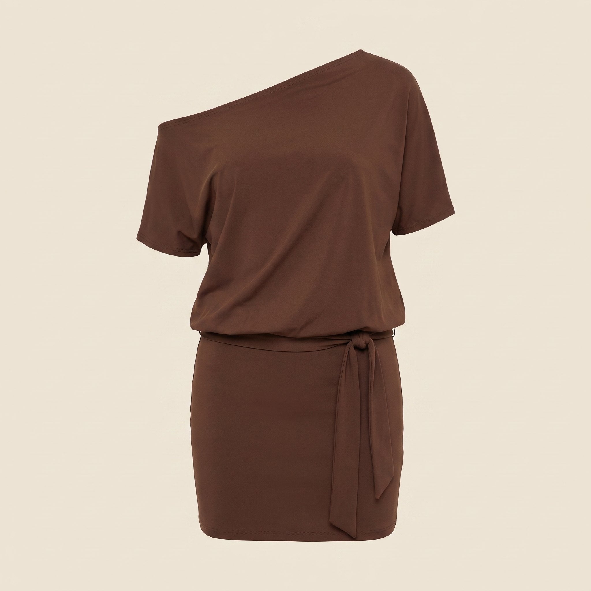 Bristol Mini Dress | Brown Stretch Jersey, Off Shoulder Party Dress for Women
