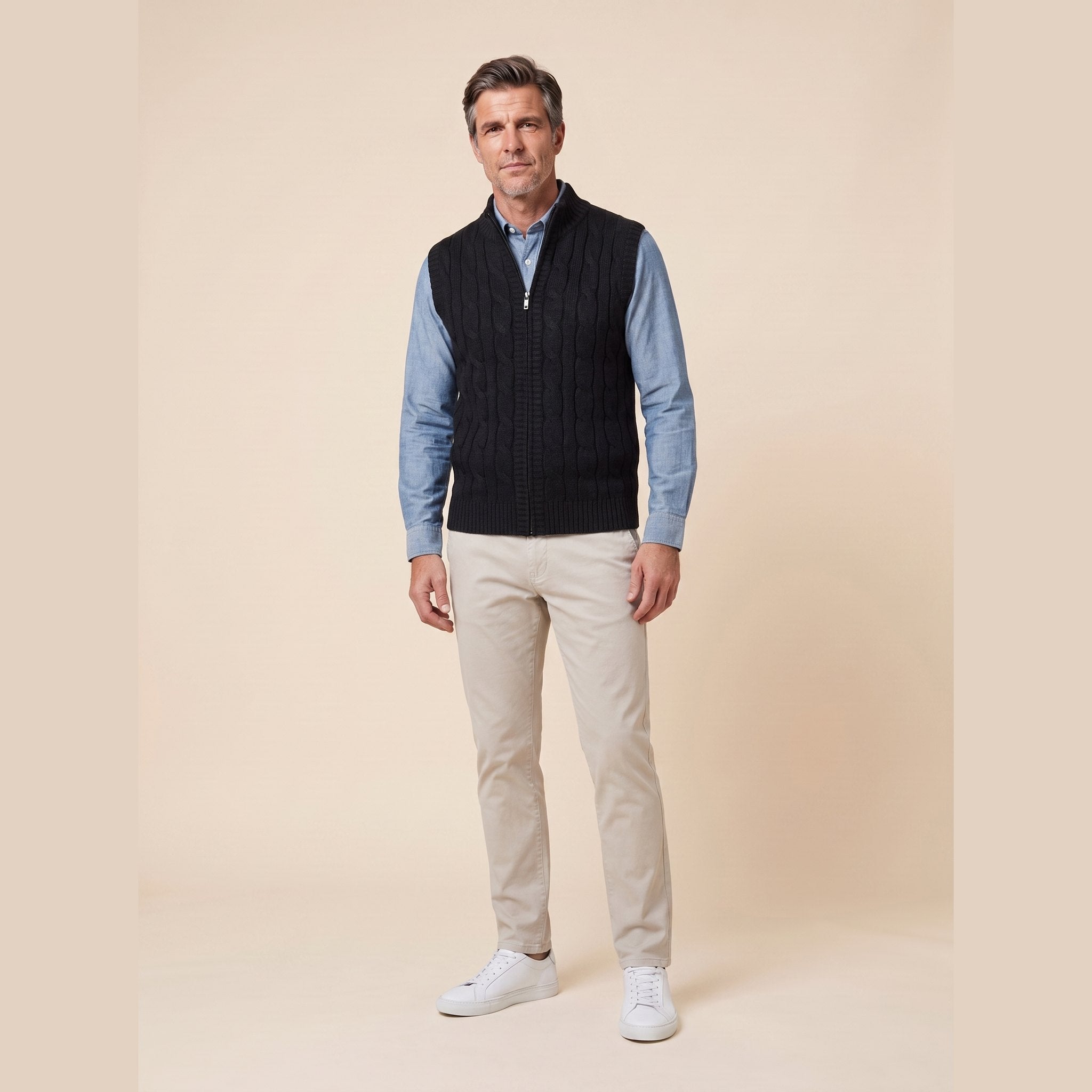 Cable Knit Sweater Vest | Full-Zip Front | Soft Wool Blend Layer