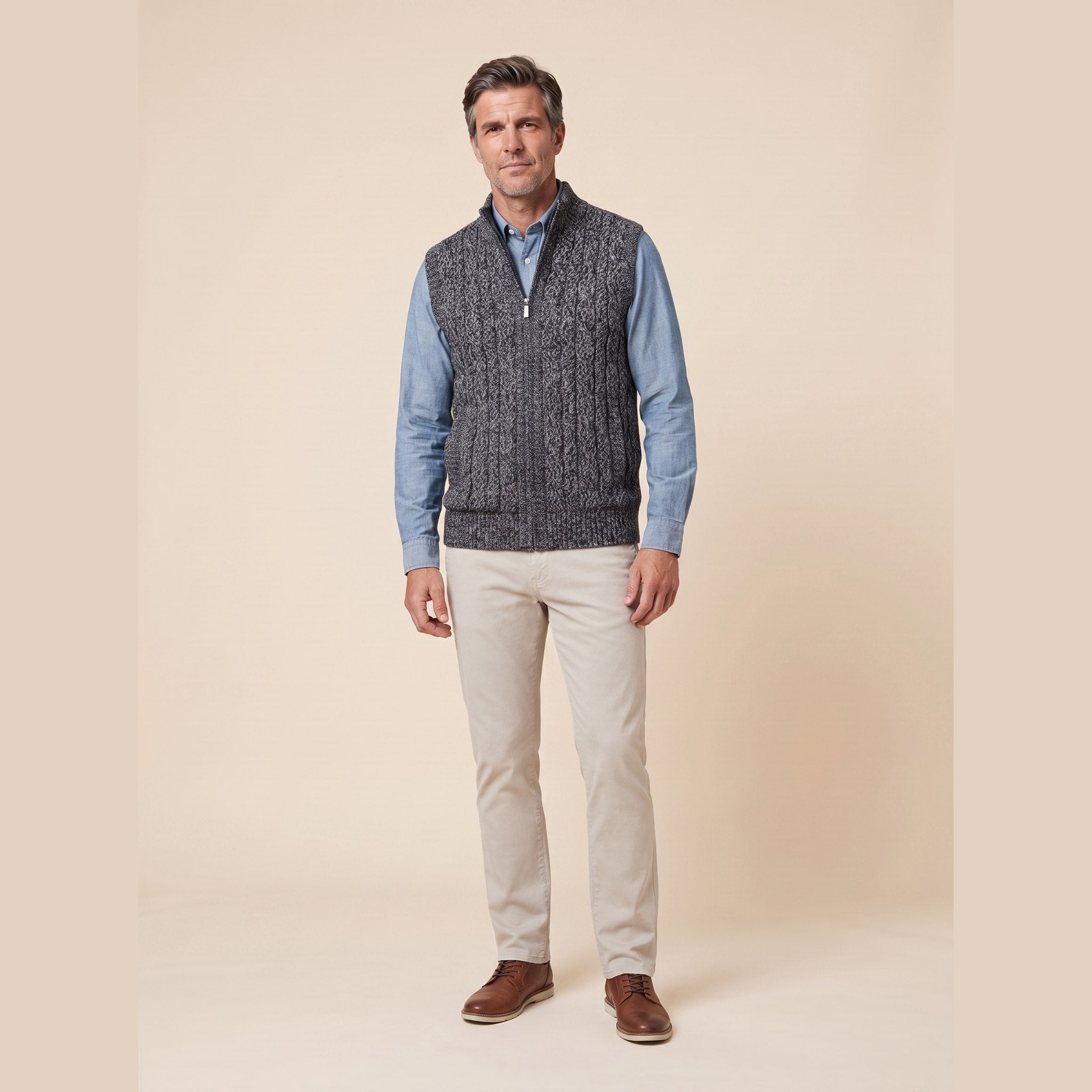 Cable Knit Sweater Vest | Full-Zip Front | Soft Wool Blend Layer