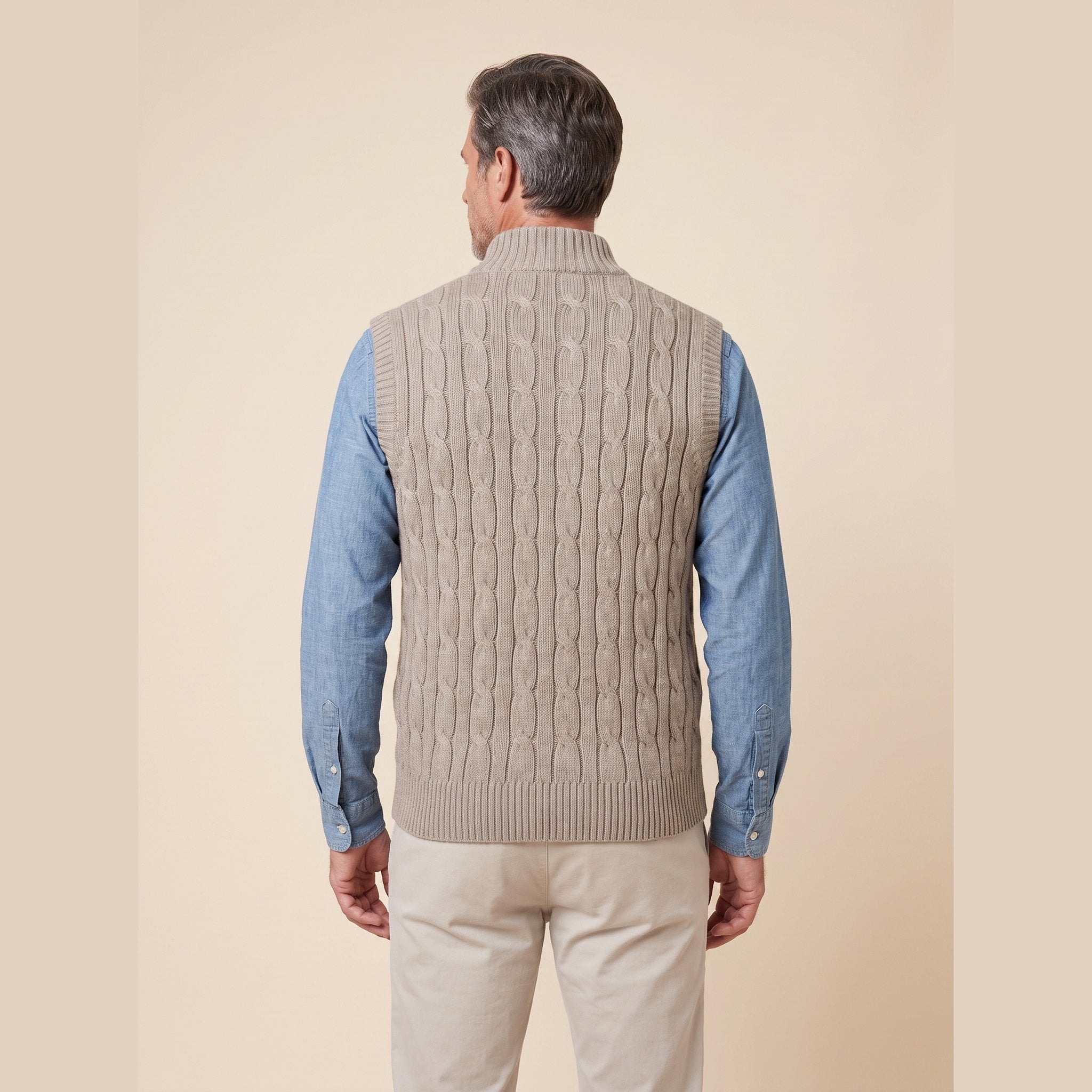 Cable Knit Sweater Vest | Full-Zip Front | Soft Wool Blend Layer