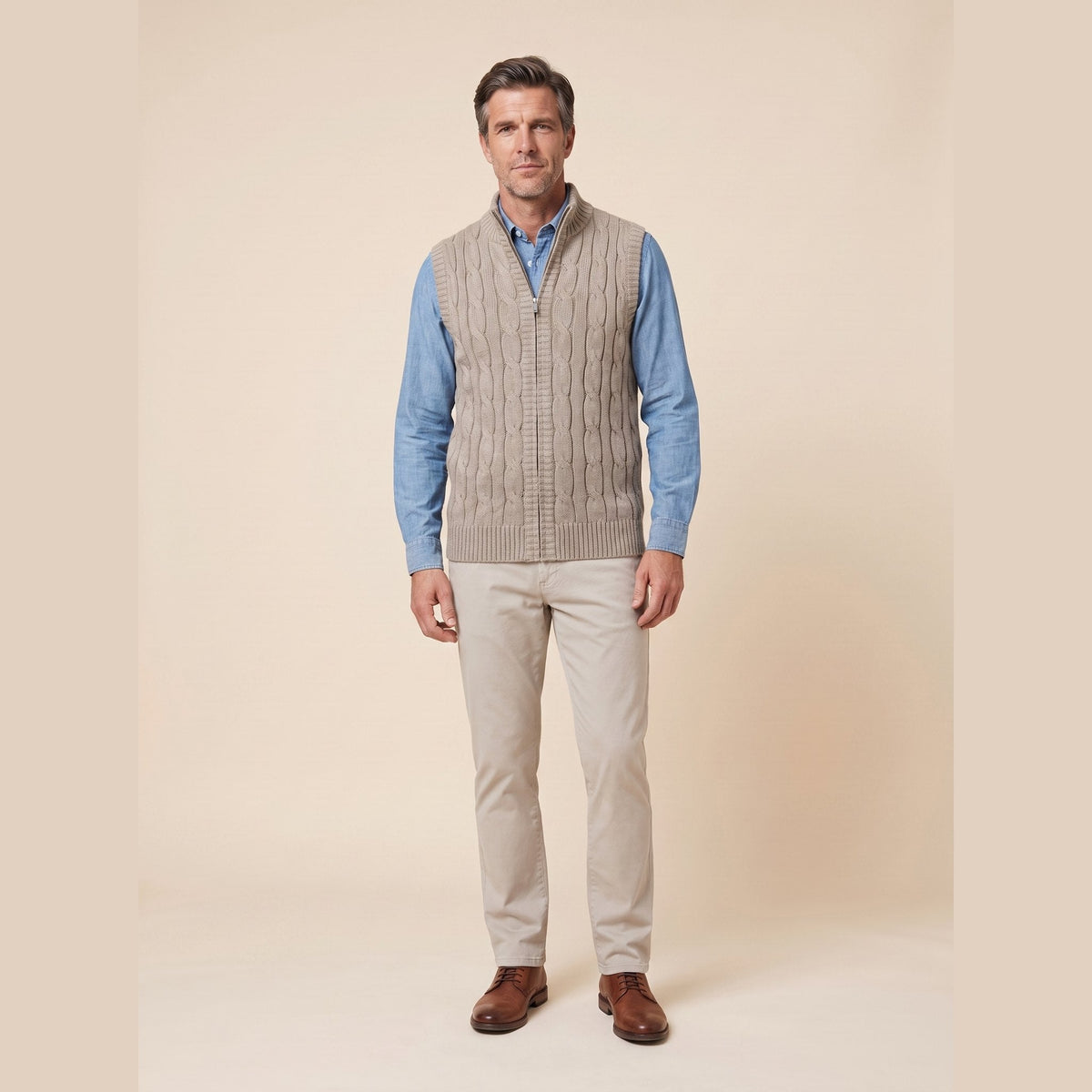 Cable Knit Sweater Vest | Full-Zip Front | Soft Wool Blend Layer