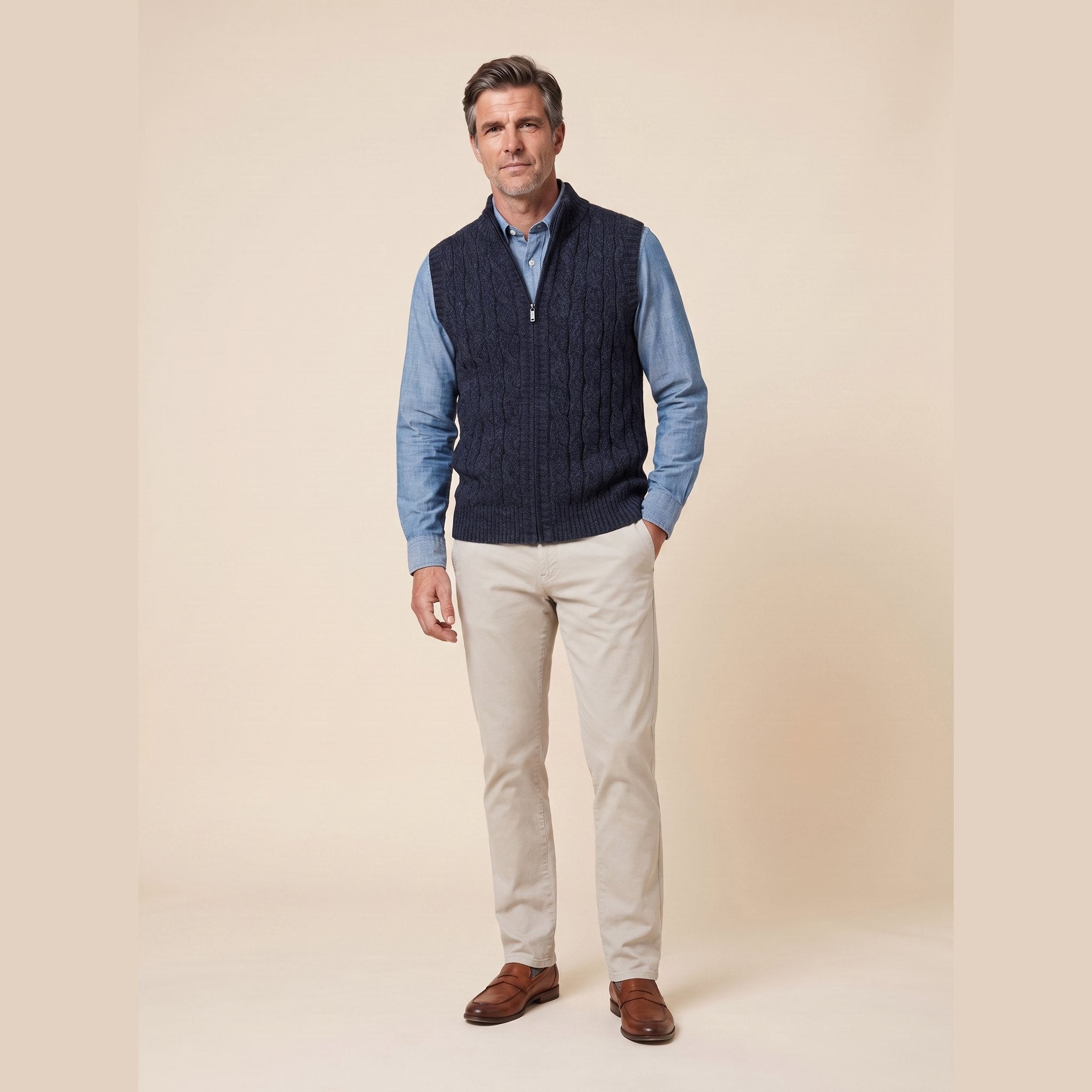 Cable Knit Sweater Vest | Full-Zip Front | Soft Wool Blend Layer