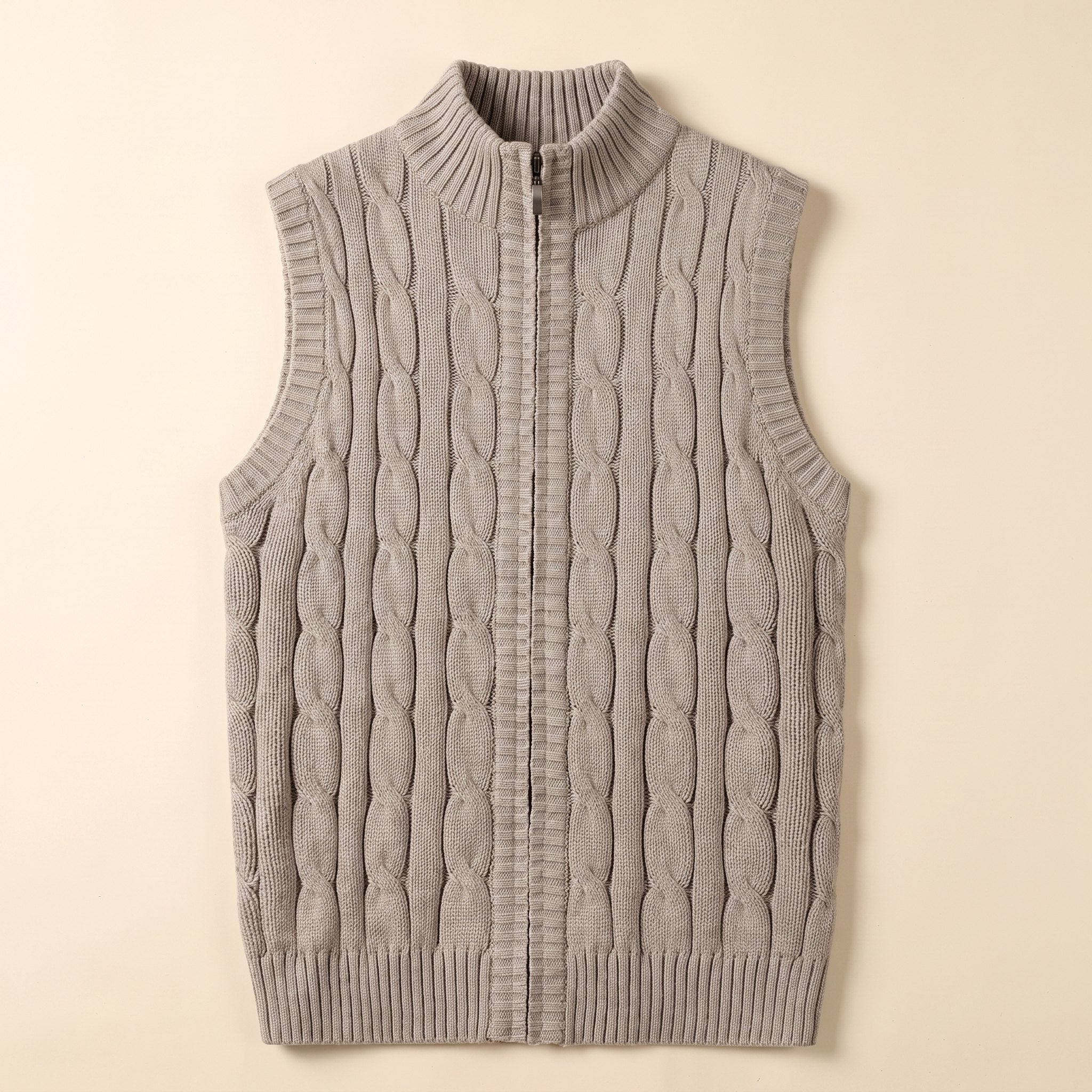 Cable Knit Sweater Vest | Full-Zip Front | Soft Wool Blend Layer