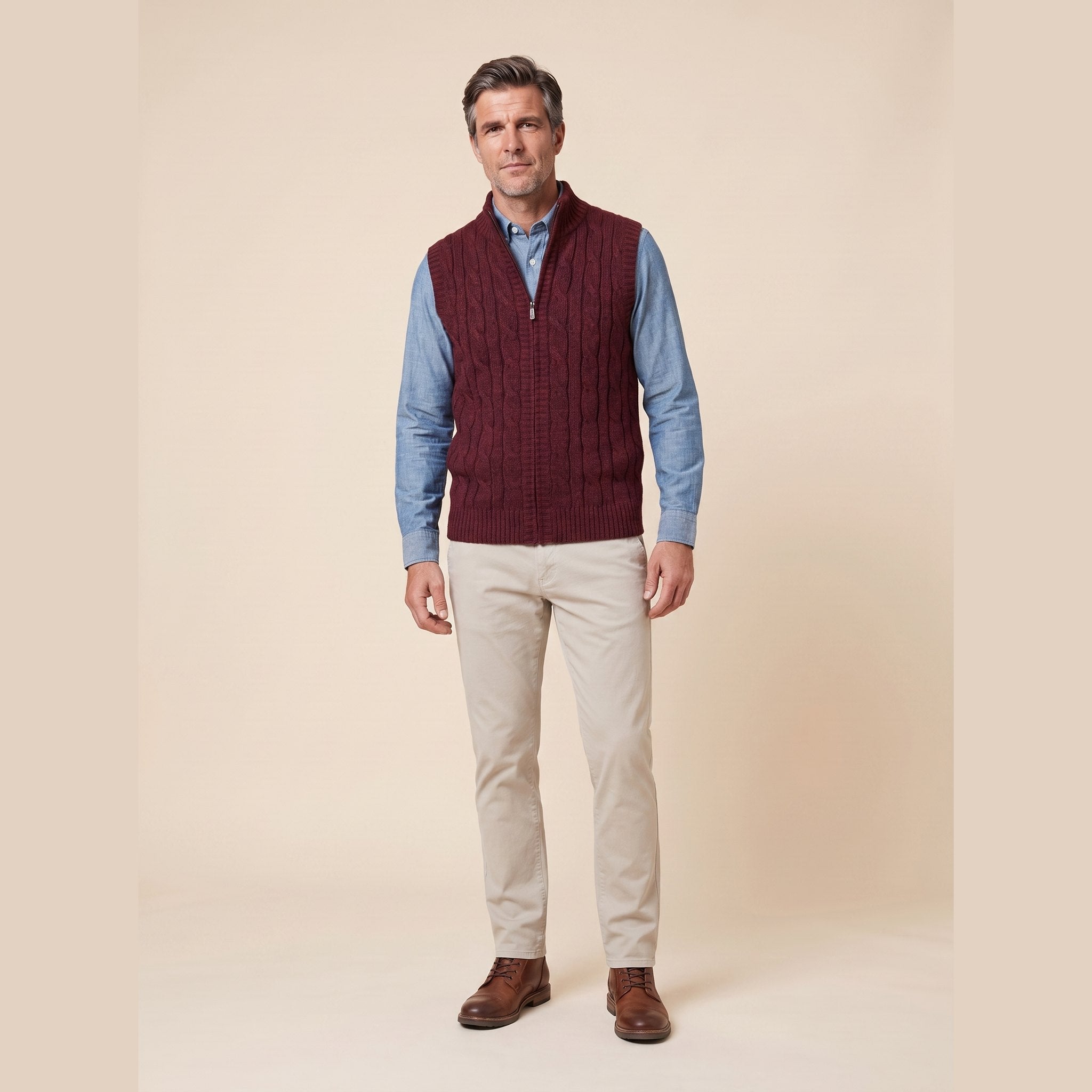 Cable Knit Sweater Vest | Full-Zip Front | Soft Wool Blend Layer
