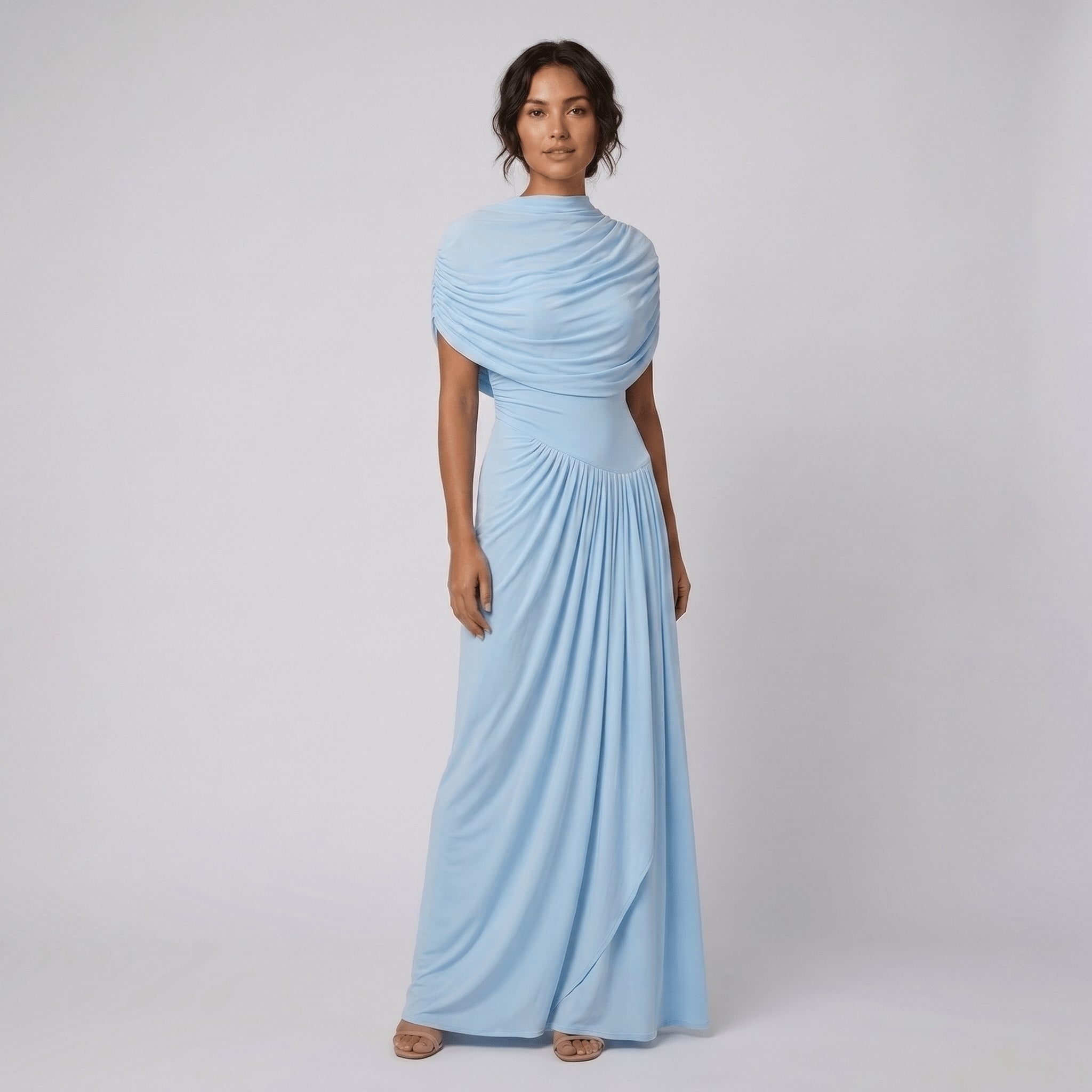 Catherine | Maxi Dress Asymmetrical Pleated, Baby-Blue Long Dress for Women