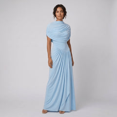 Catherine | Maxi Dress Asymmetrical Pleated, Baby-Blue Long Dress for Women