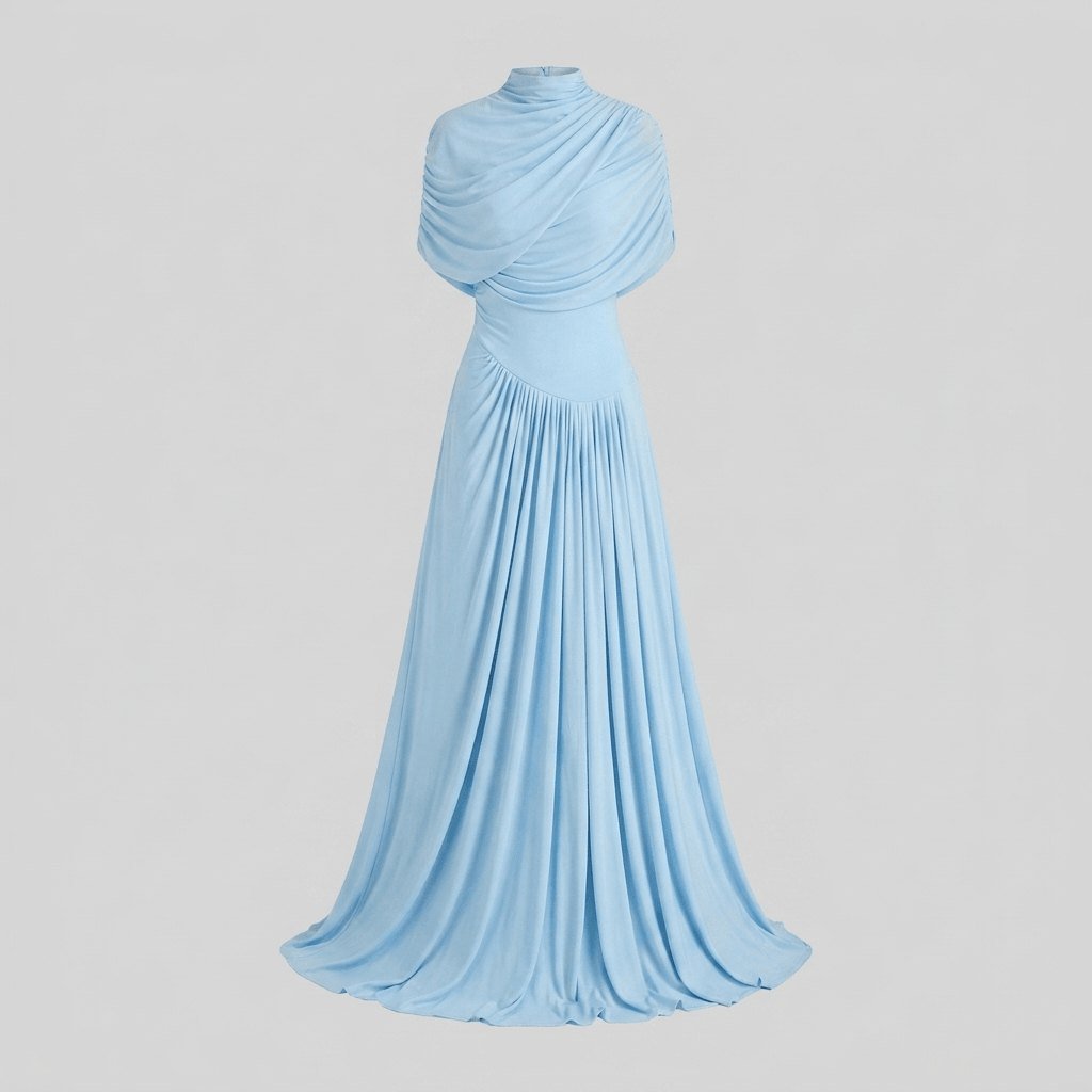 Catherine | Maxi Dress Asymmetrical Pleated, Baby-Blue Long Dress for Women