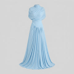 Catherine | Maxi Dress Asymmetrical Pleated, Baby-Blue Long Dress for Women