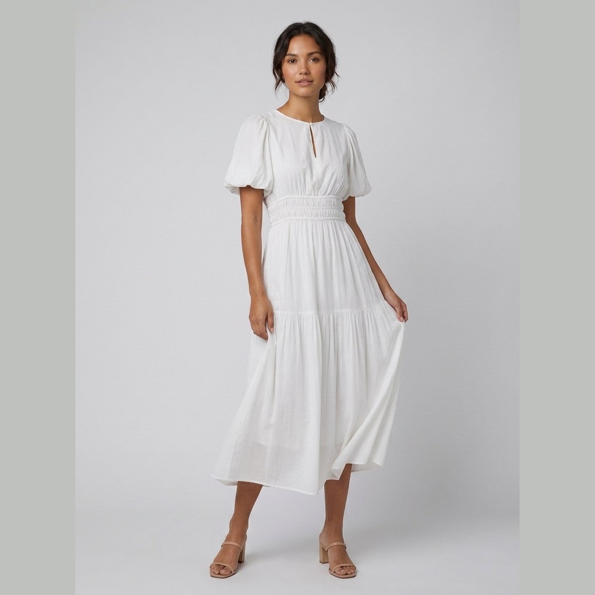 Citrine | Women's Dress Lightweight Cotton Midi with Balloon Sleeves