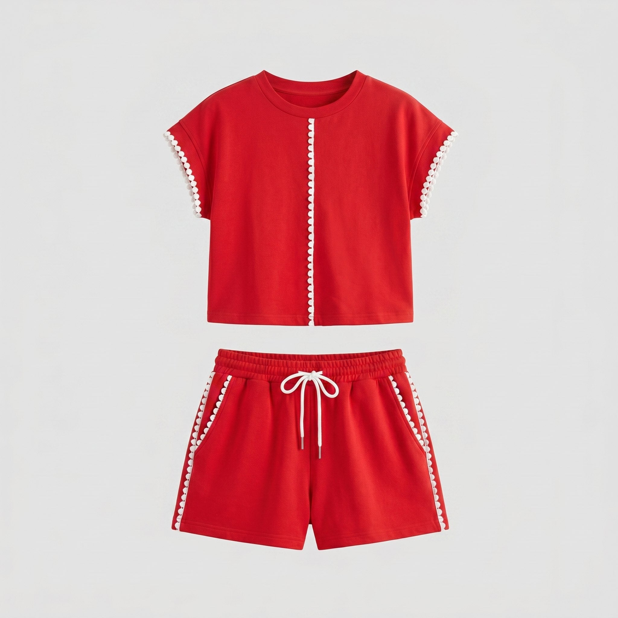 Cora | Cotton Set Scalloped Trim Top & Drawstring Shorts