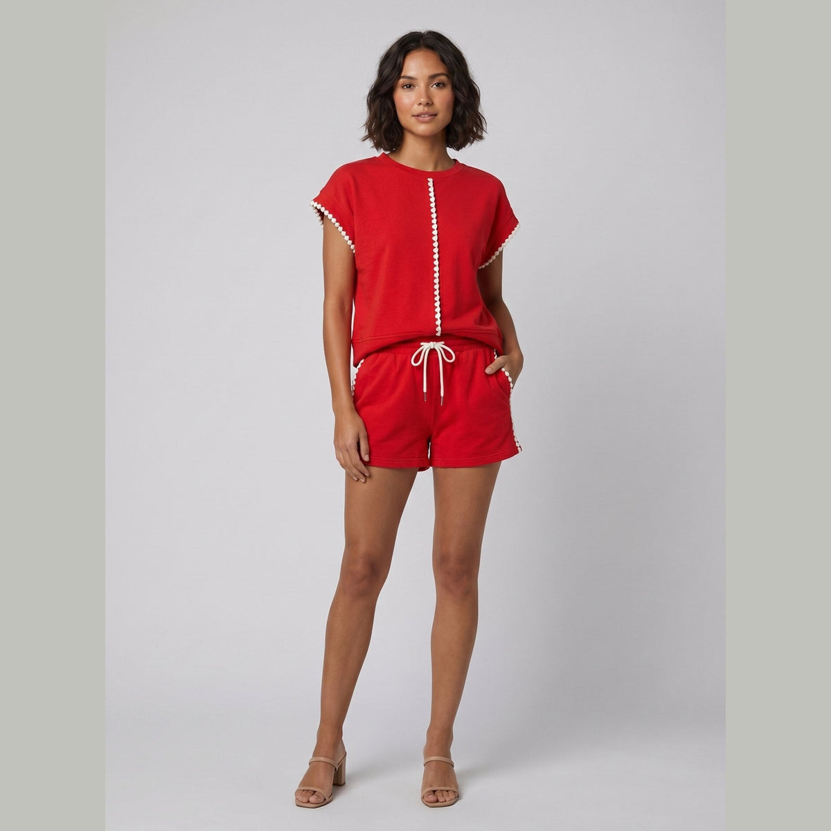 Cora | Cotton Set Scalloped Trim Top & Drawstring Shorts