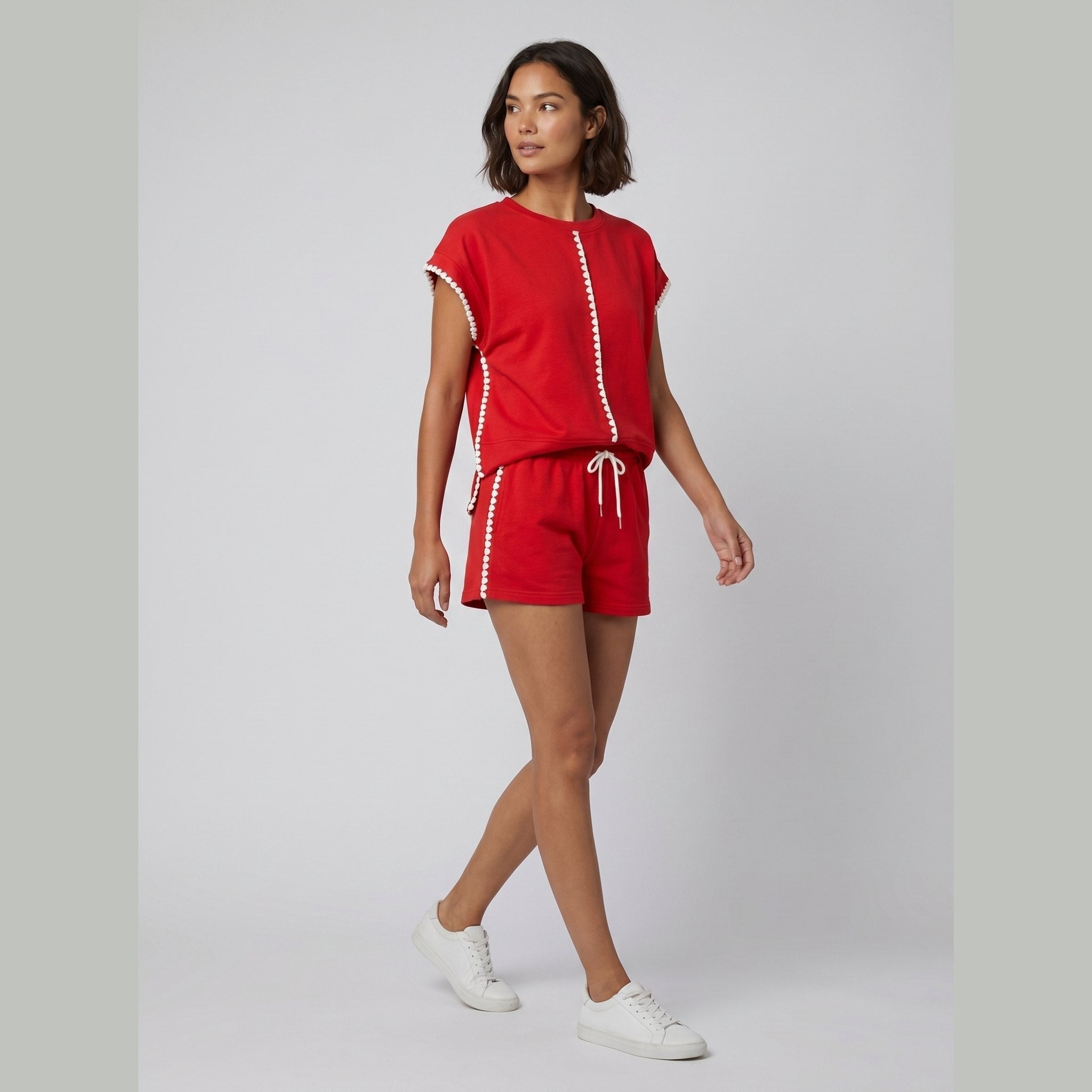 Cora | Cotton Set Scalloped Trim Top & Drawstring Shorts