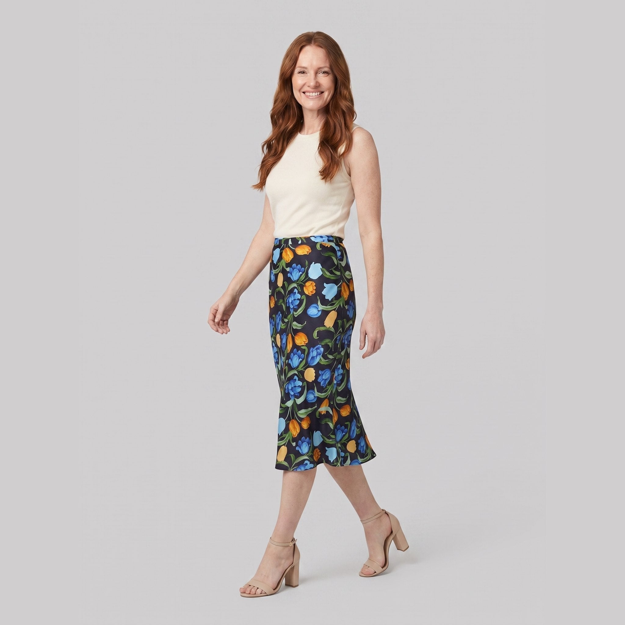 Cora Midi Skirt | Black Floral Print, Bias Cut, Flattering Fit
