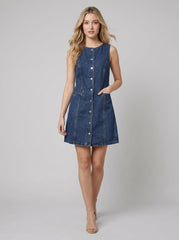 Daisy | Denim Dress Sleeveless, Collarless with Pockets for Women