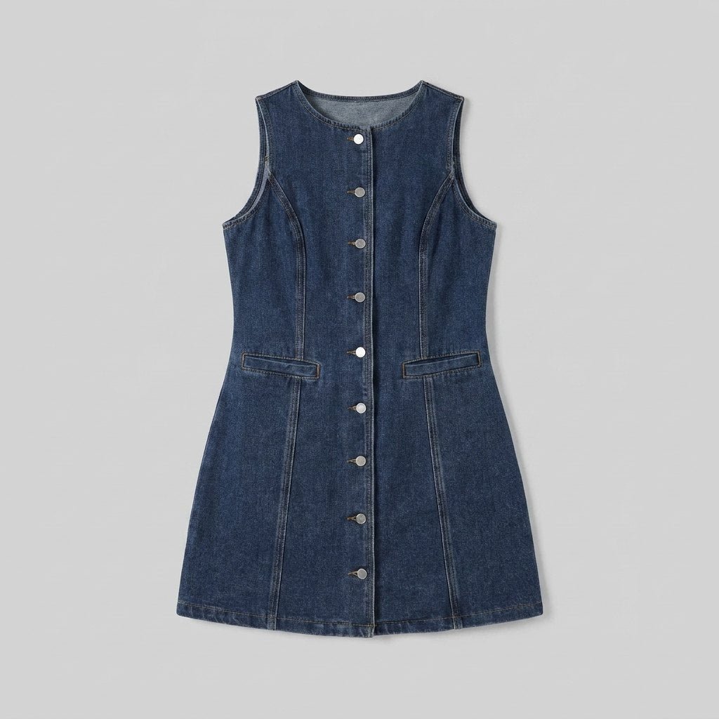 Daisy | Denim Dress Sleeveless, Collarless with Pockets for Women