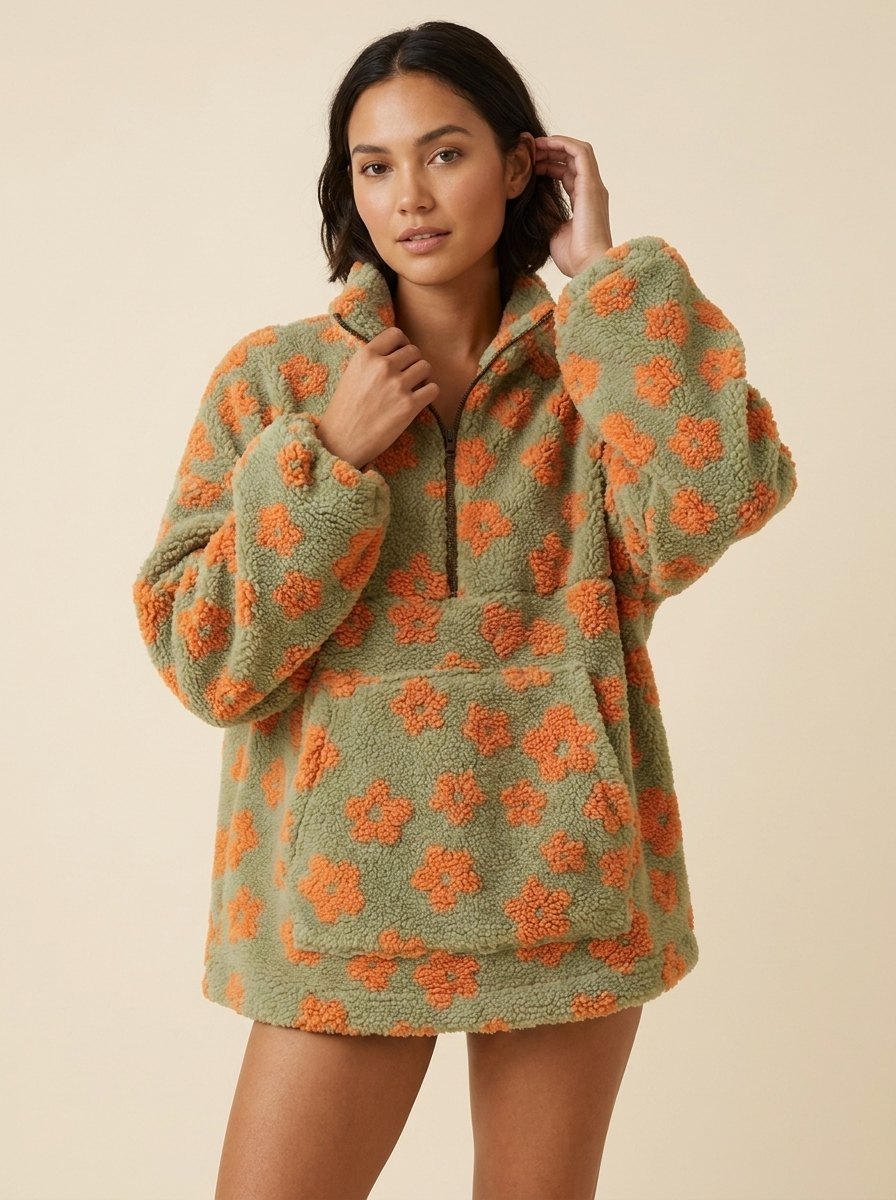 Daisy Oversized Sweater | Ultra-Soft Sherpa Fleece, Boho Floral Design