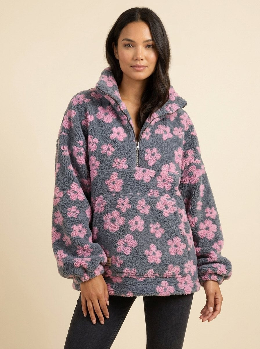 Daisy Oversized Sweater | Ultra-Soft Sherpa Fleece, Boho Floral Design