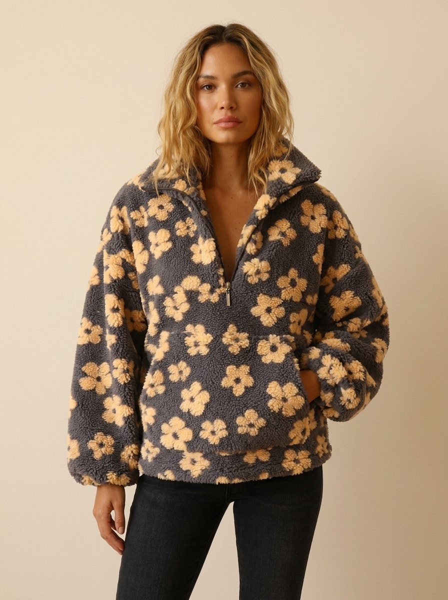 Daisy Oversized Sweater | Ultra-Soft Sherpa Fleece, Boho Floral Design