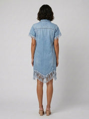 Dara | Denim Dress Vintage Loose Fit, Mini Length with Tassel Details