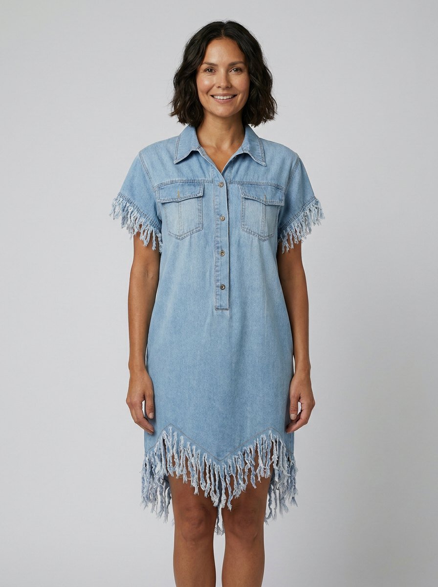 Dara | Denim Dress Vintage Loose Fit, Mini Length with Tassel Details
