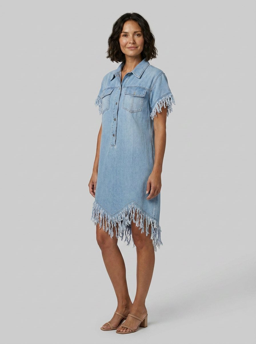 Dara | Denim Dress Vintage Loose Fit, Mini Length with Tassel Details
