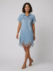 Dara | Denim Dress Vintage Loose Fit, Mini Length with Tassel Details