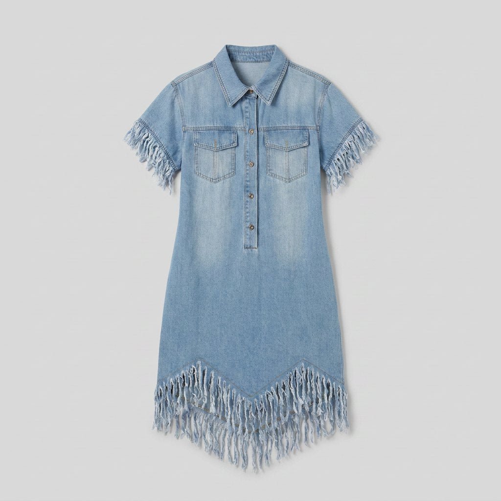 Dara | Denim Dress Vintage Loose Fit, Mini Length with Tassel Details