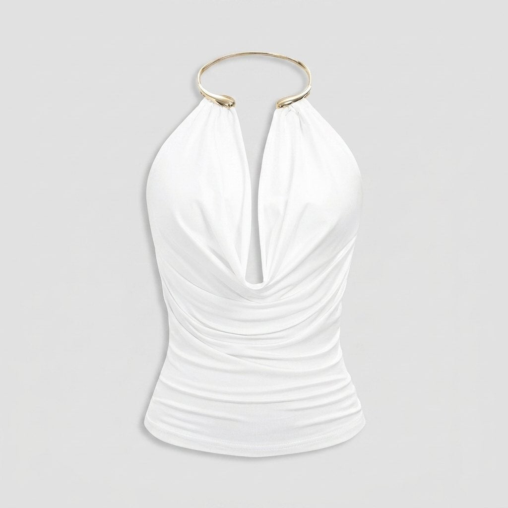 Dare | Cowl Halter Neck Top Metallic Backless Design, Relaxed Fit